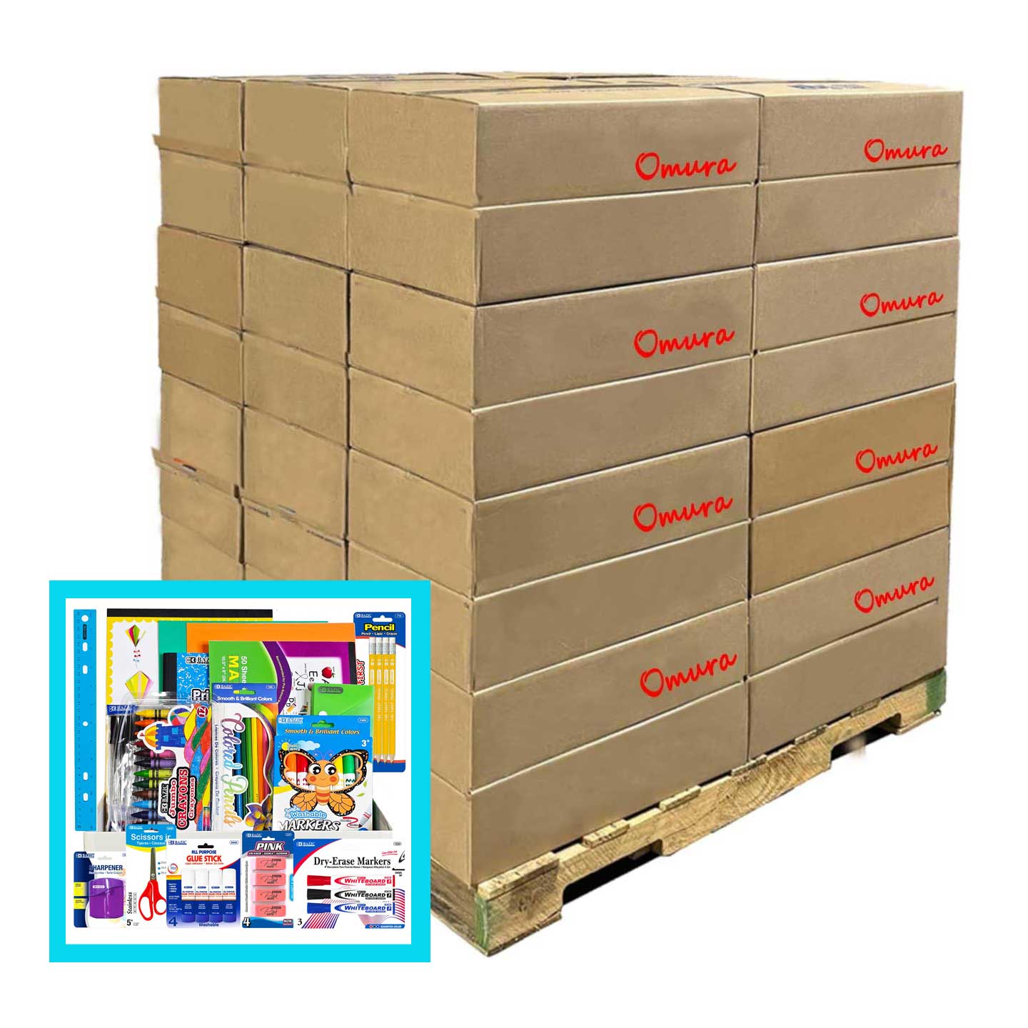 OMURA Learning for Primary Grades K-2 Back-to-School Supply Box 56-CT Essential Set with Composition Books Ruler Crayons Markers Glue Sticks Scissors Perfect Gift for Students