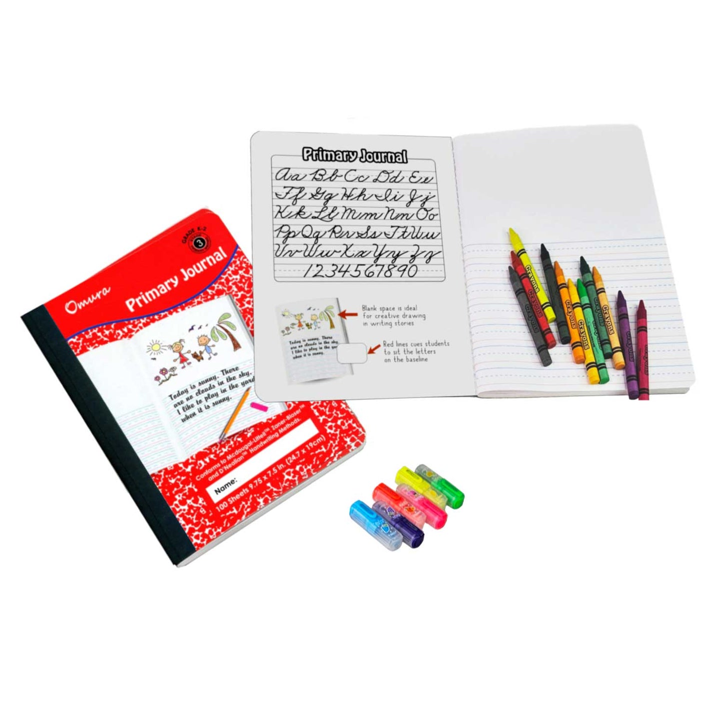 Omura PRIMARY JOURNAL NOTEBOOK Grades K-2, Half Page Ruled Composition Notebook, 100 Sheets - Omura Products