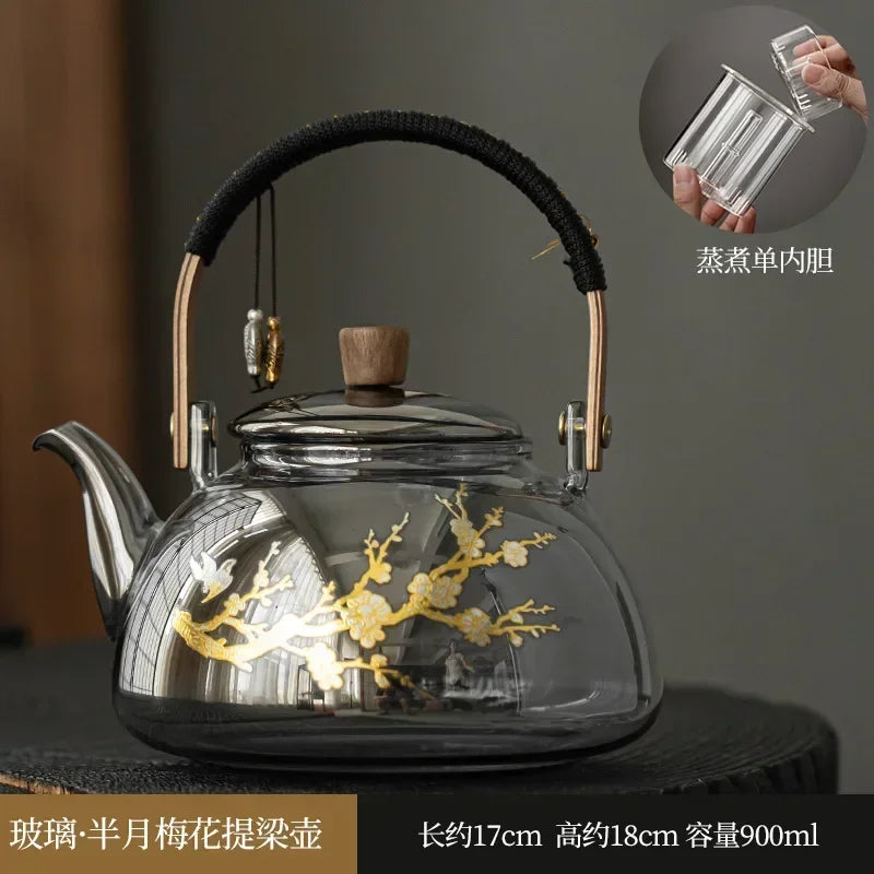 Small Glass Kettle Tea Set with Steaming Teapot and Electric Clay Stove