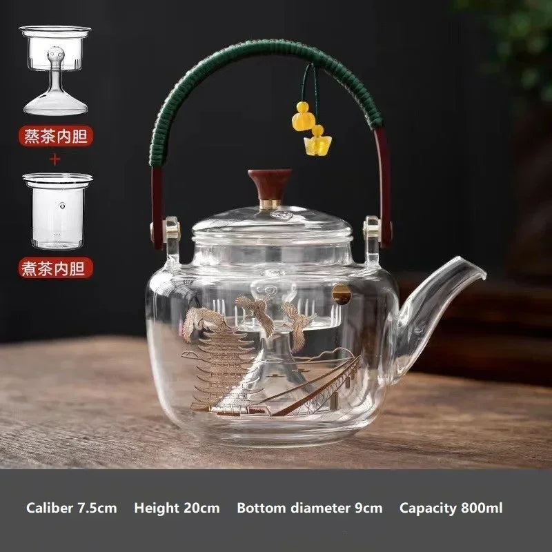 Small Glass Kettle Tea Set with Steaming Teapot and Electric Clay Stove