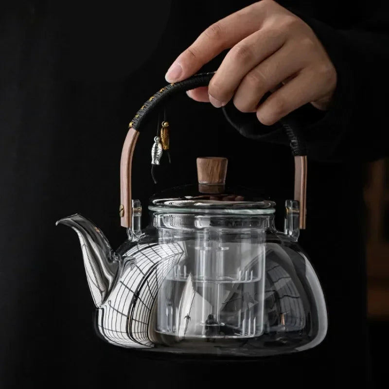 Small Glass Kettle Tea Set with Steaming Teapot and Electric Clay Stove