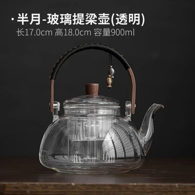 Small Glass Kettle Tea Set with Steaming Teapot and Electric Clay Stove