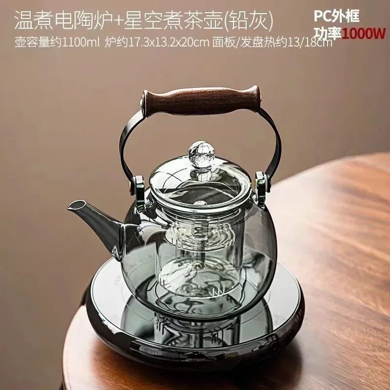 Small Glass Kettle Tea Set with Steaming Teapot and Electric Clay Stove