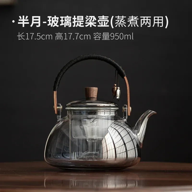 Small Glass Kettle Tea Set with Steaming Teapot and Electric Clay Stove
