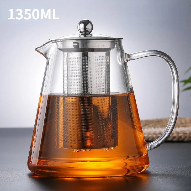 Filterable Heat-Resistant Thickened Glass Teapot with High Borosilicate Glass for Flower Tea and Hot Beverages 13.5 oz./45.6 oz
