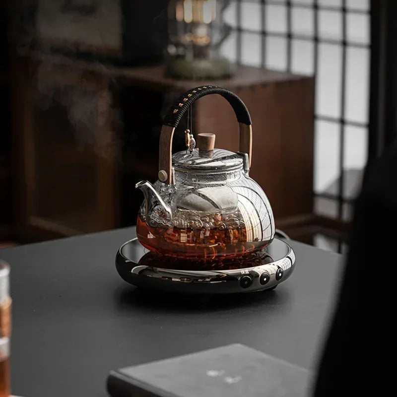 Small Glass Kettle Tea Set with Steaming Teapot and Electric Clay Stove