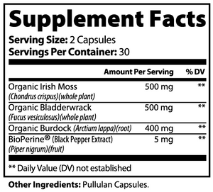 Supplement facts label with ingredients and serving sizes on a white background