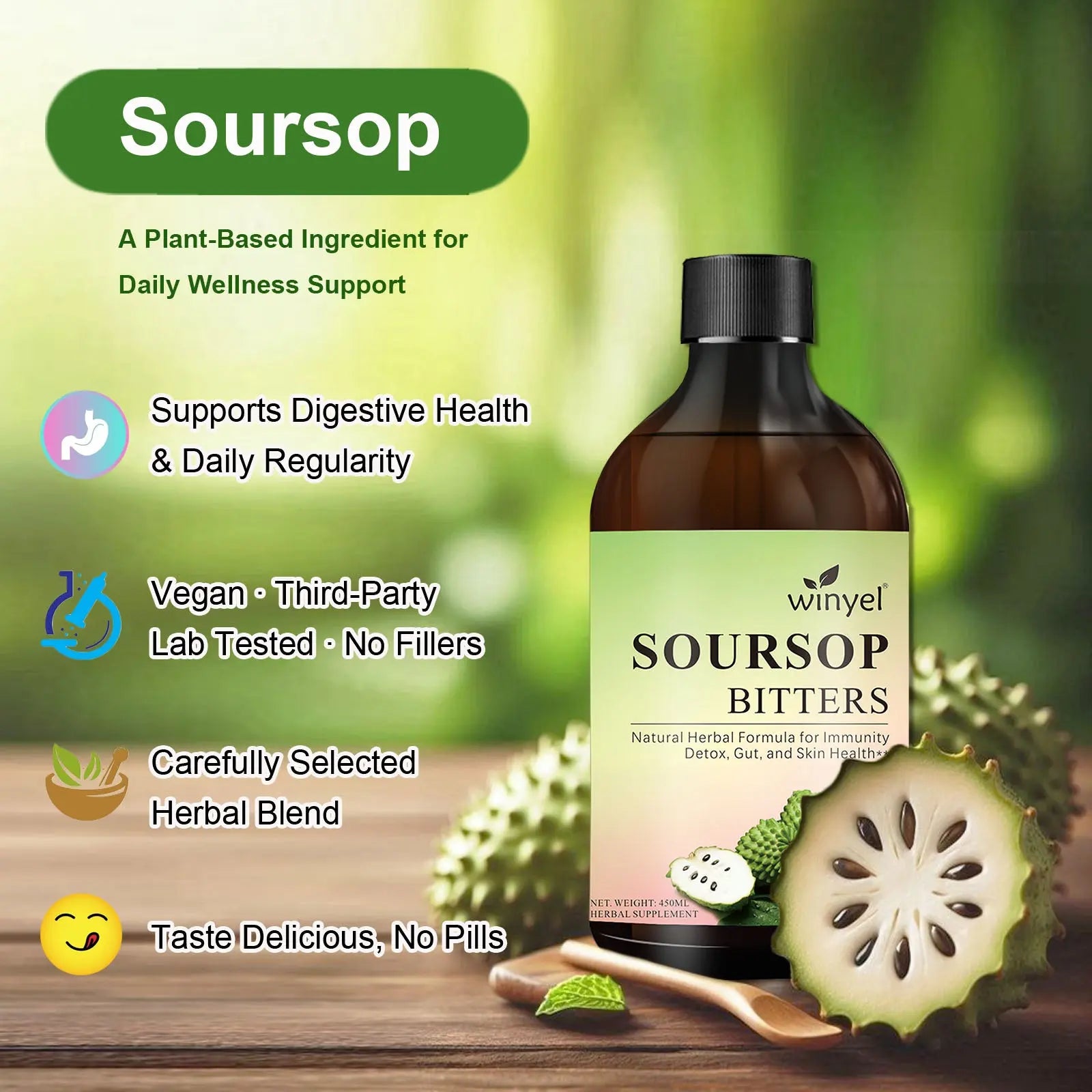 Soursop bitters liquid with black seed, turmeric and moringa for digestion and immunity