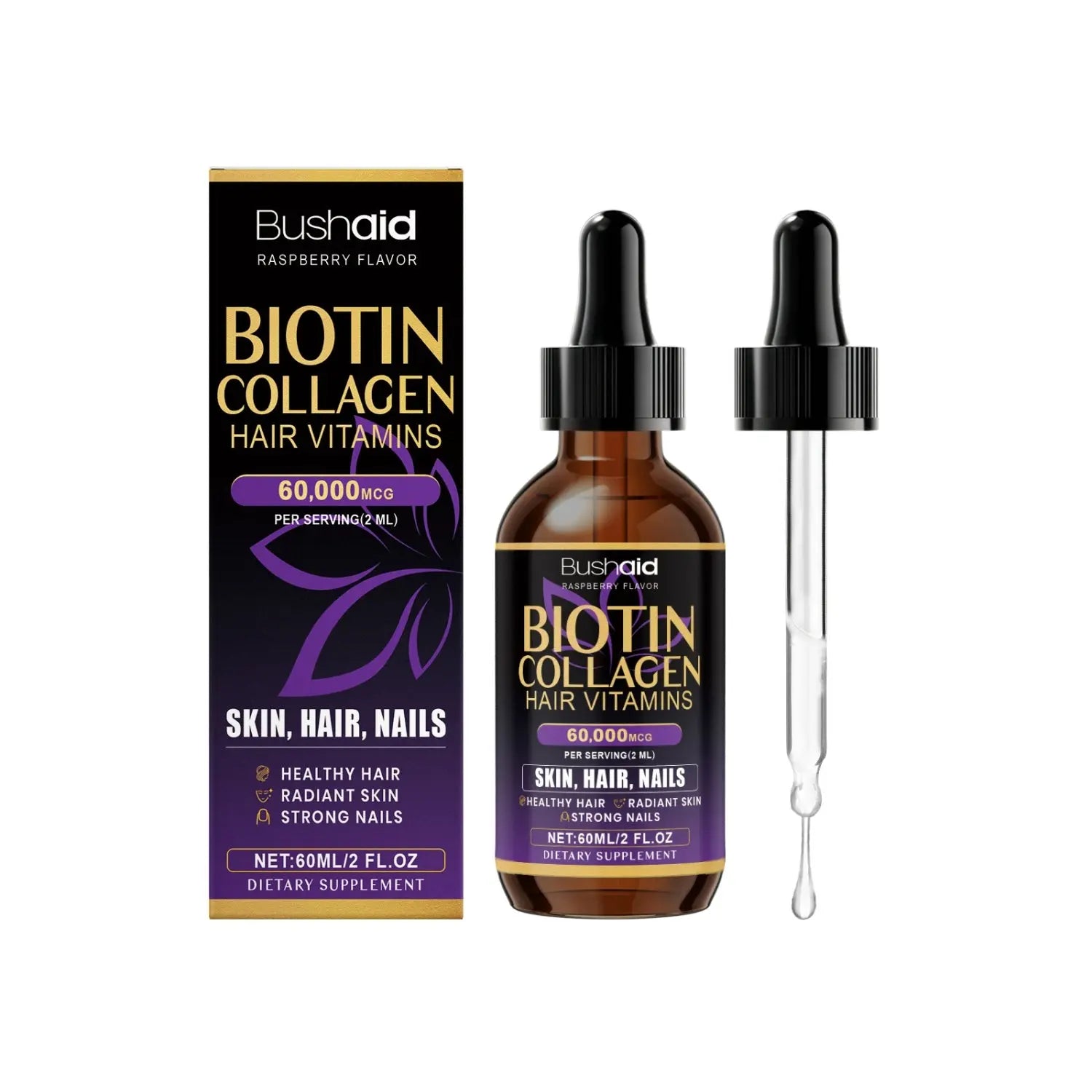 Biotin Collagen Hair Care Drops 60,000 mcg 💜 Liquid Hair Growth Vitamins for Stronger Hair, Skin & Nails | 2oz (30 Servings) Omura