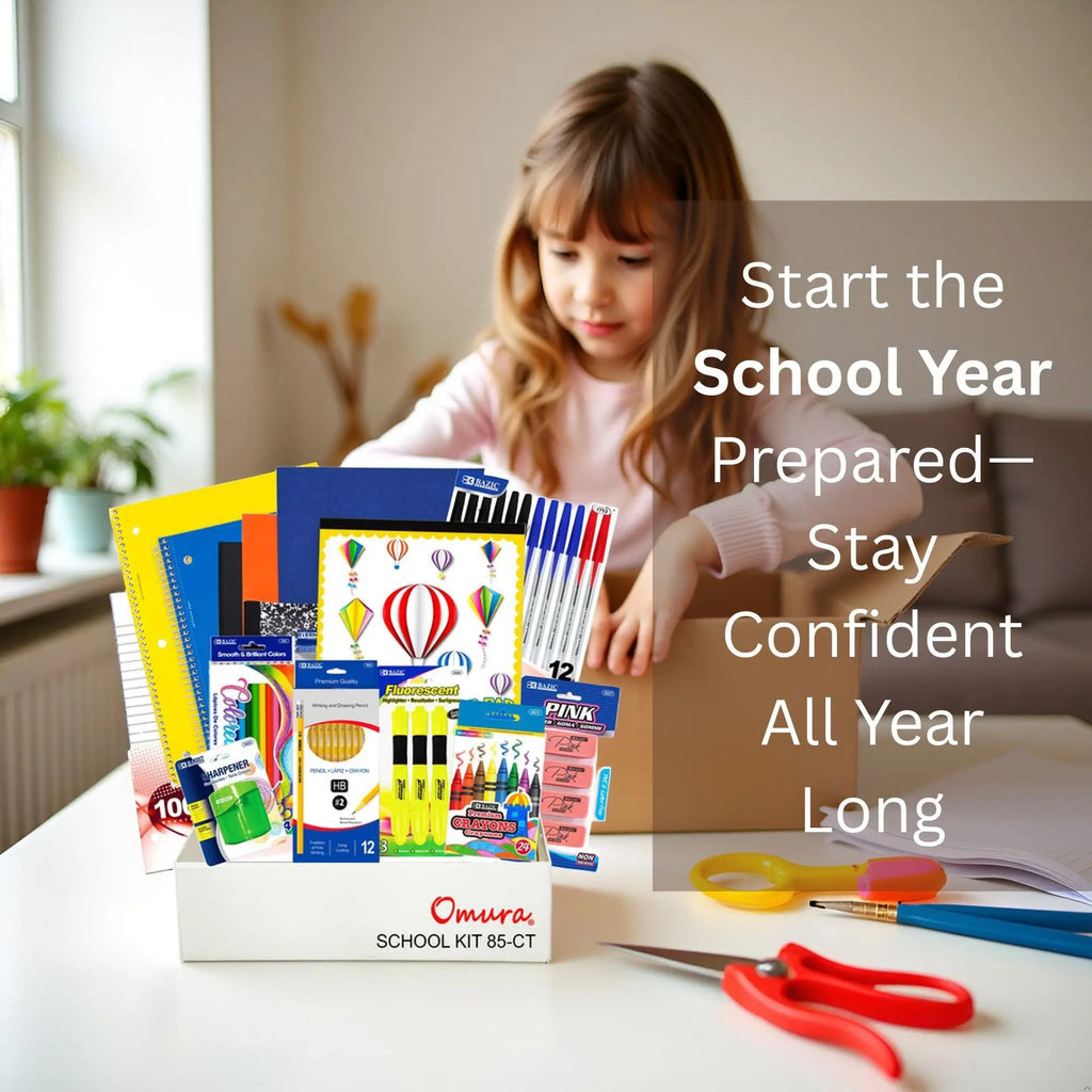 OMURA Learning | Elementary School Back-to-School Supply Box – 85-Count Essential Classroom Set– with Notebooks, Ruler, Pens, Markers & More 📚 Omura Products