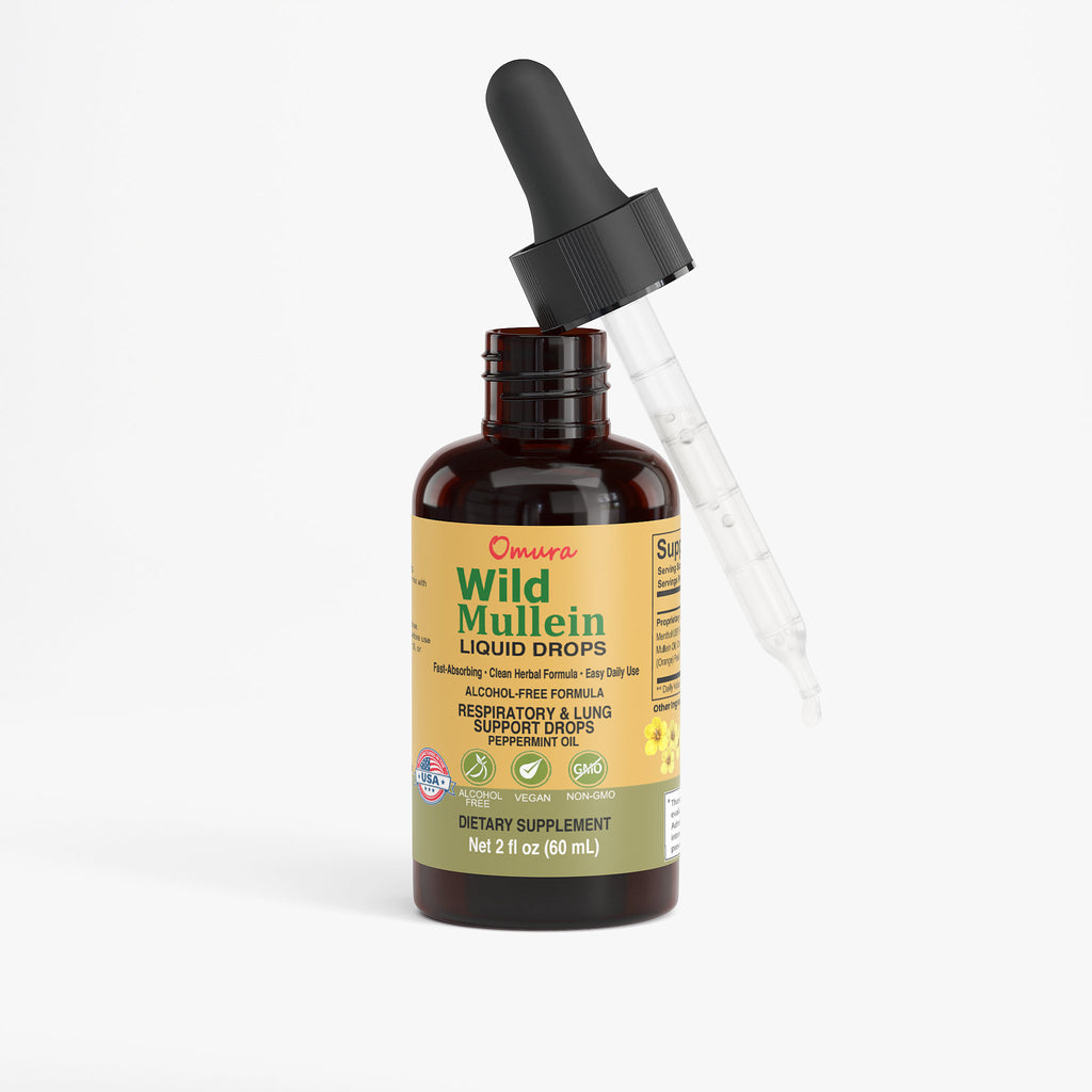 Bottle of Wild Mullein liquid drops with dropper on a white background