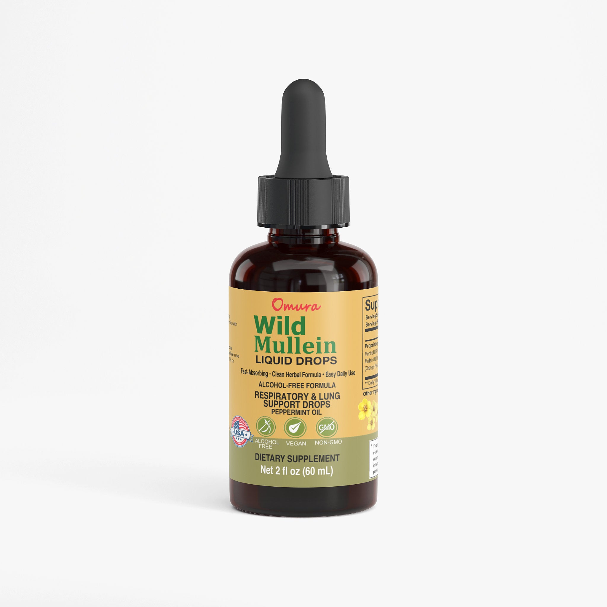 Bottle of Wild Mullein liquid drops with a dropper on a white background