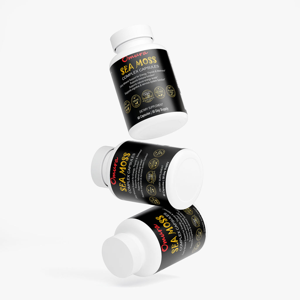 sea moss supplement capsules on wooden breakfast table with fruit juice coffee and granola for daily wellness routine