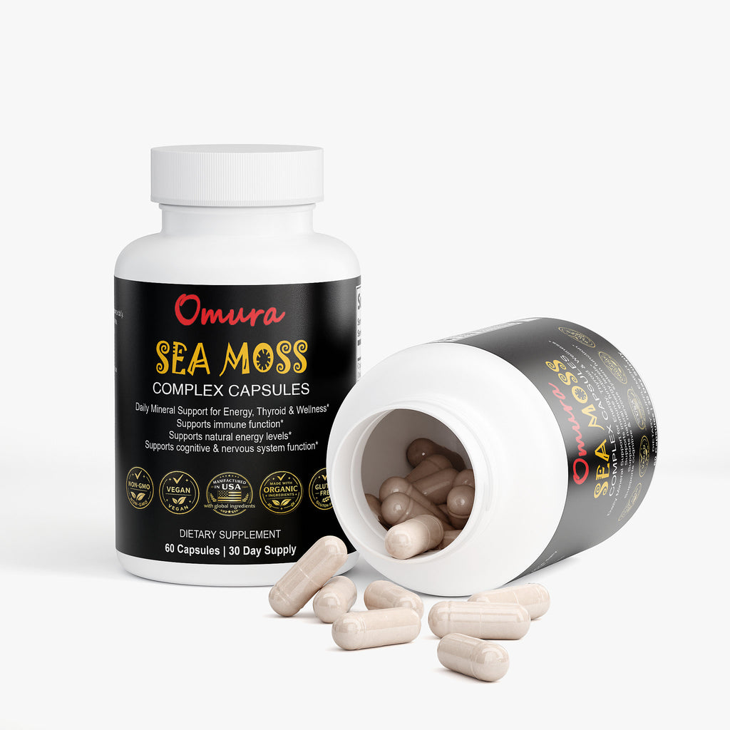 Omura Sea Moss Complex Capsules bottle with open lid showing pills on a white background