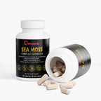 Omura Sea Moss Complex Capsules bottle with open lid showing pills on a white background