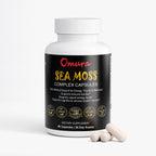 dietary supplement sea moss capsules by Omura with bladderwrack and burdock root shown in natural breakfast setting