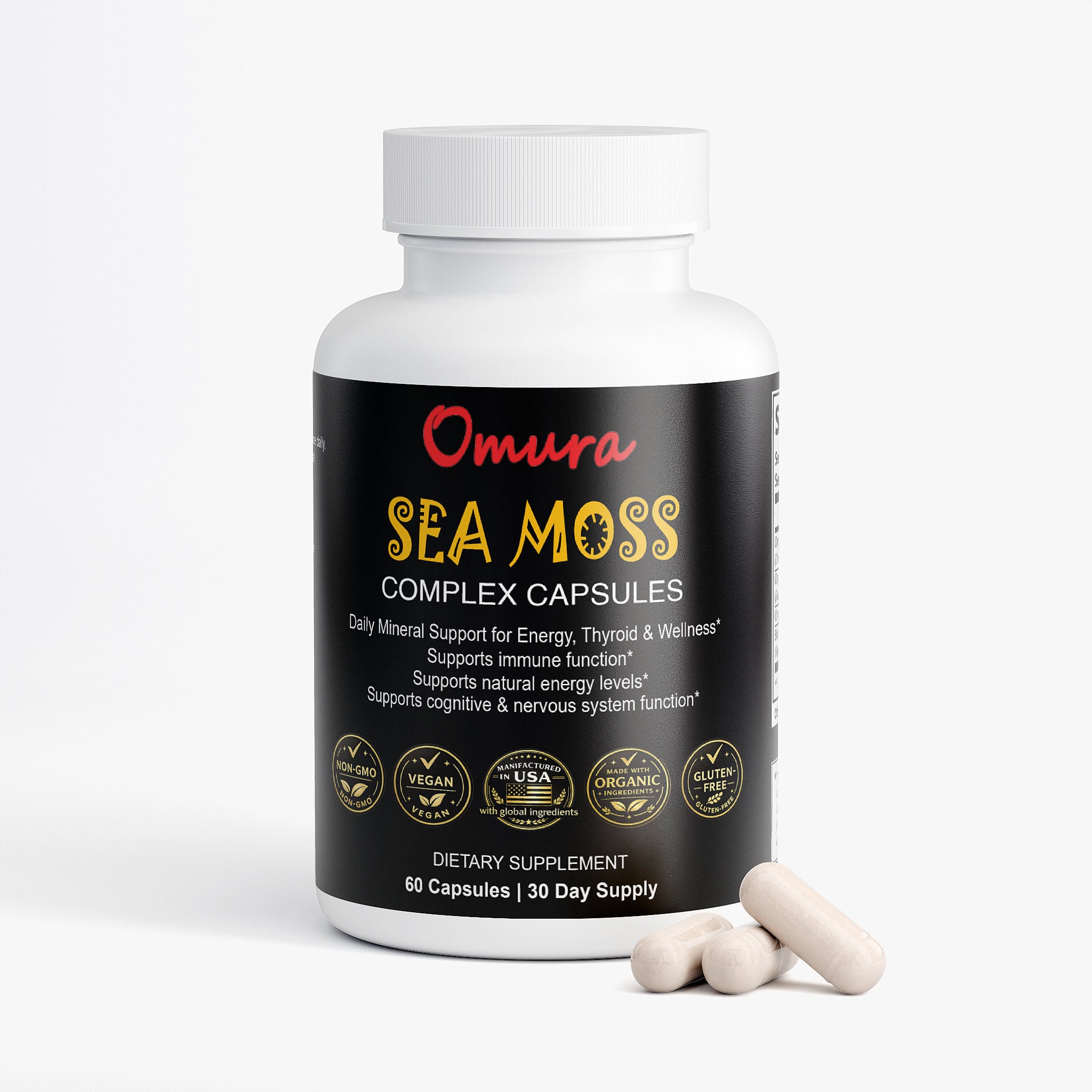 dietary supplement sea moss capsules by Omura with bladderwrack and burdock root shown in natural breakfast setting