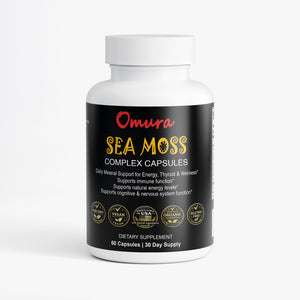 Omura sea moss capsules 60 count bottle lifestyle breakfast scene with healthy foods for energy thyroid and immune support