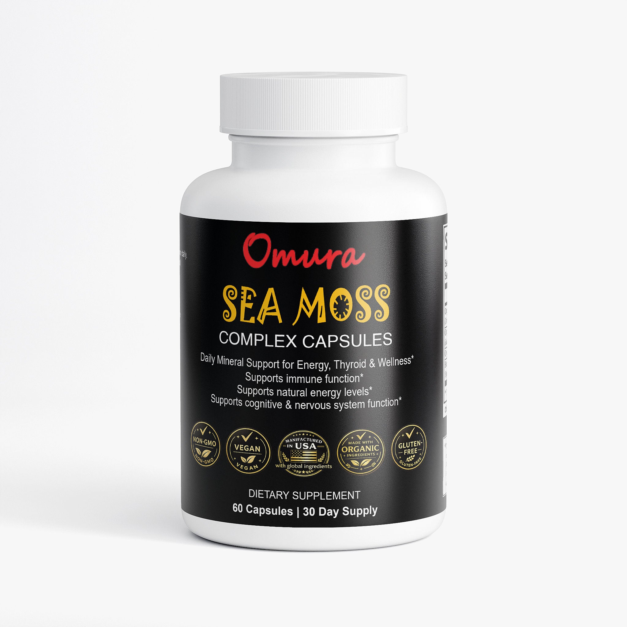 Omura sea moss capsules 60 count bottle lifestyle breakfast scene with healthy foods for energy thyroid and immune support