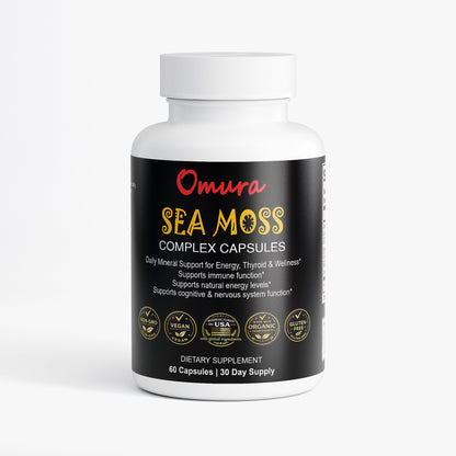 Omura sea moss capsules 60 count bottle lifestyle breakfast scene with healthy foods for energy thyroid and immune support