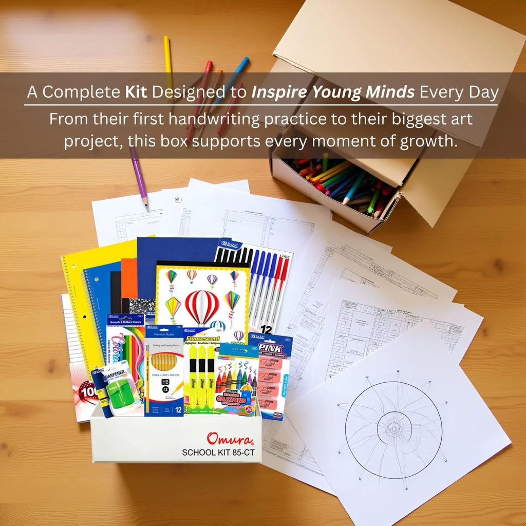 OMURA Learning | Elementary School Back-to-School Supply Box – 85-Count Essential Classroom Set– with Notebooks, Ruler, Pens, Markers & More 📚 Omura Products