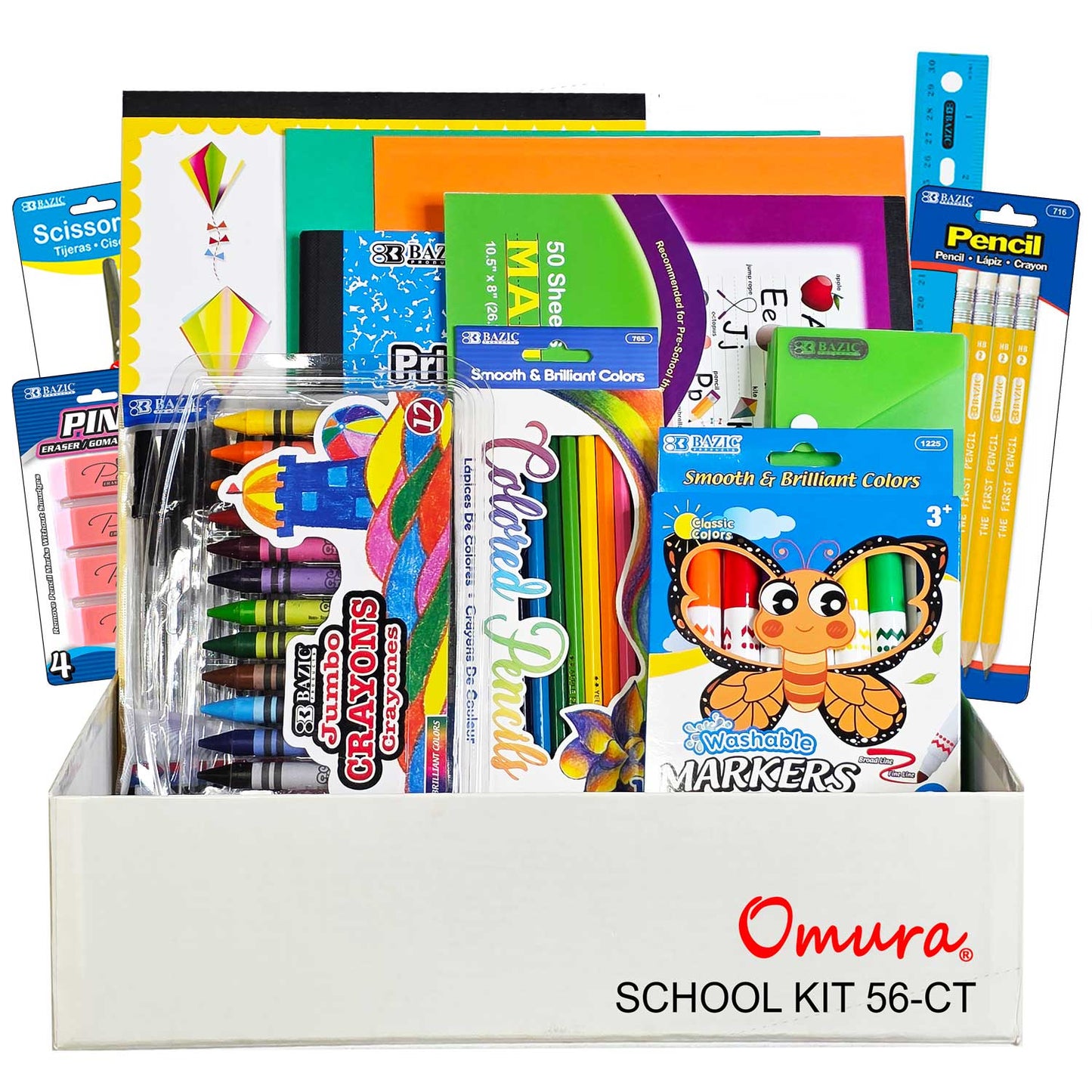 OMURA Learning for Primary Grades K-2 Back-to-School Supply Box 56-CT Essential Set with Composition Books Ruler Crayons Markers Glue Sticks Scissors Perfect Gift for Students