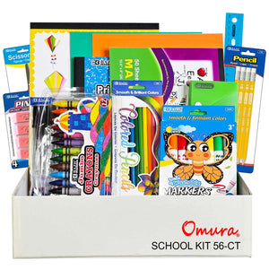 OMURA Learning for Primary Grades K-2 Back-to-School Supply Box 56-CT Essential Set with Composition Books Ruler Crayons Markers Glue Sticks Scissors Perfect Gift for Students Omura Products