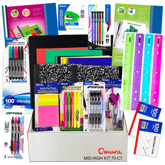 XOMURA Learning | Middle & High School Back-to-School Supply Box – 70-Count Essential Set with Notebooks, Ruler, Pens, Markers & More