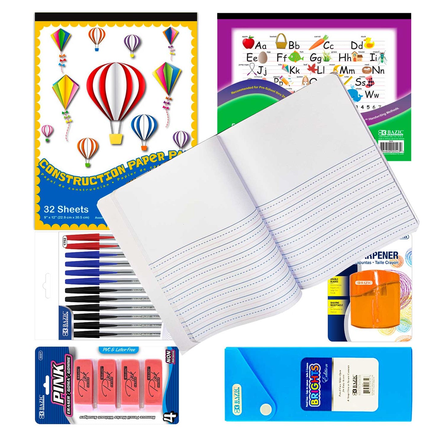 OMURA Learning for Primary Grades K-2 Back-to-School Supply Box 56-CT Essential Set with Composition Books Ruler Crayons Markers Glue Sticks Scissors Perfect Gift for Students