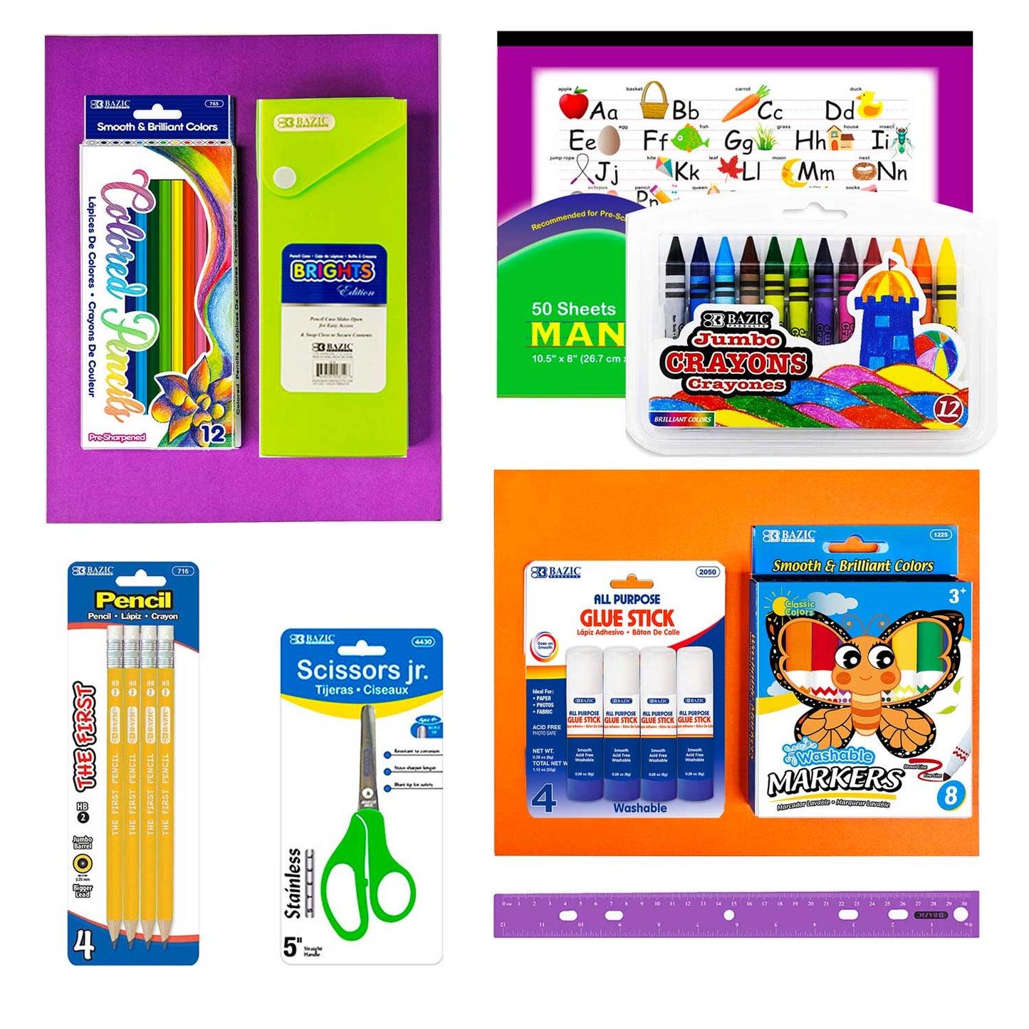 OMURA Learning for Primary Grades K-2 Back-to-School Supply Box 56-CT Essential Set with Composition Books Ruler Crayons Markers Glue Sticks Scissors Perfect Gift for Students