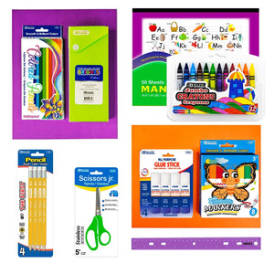 OMURA Learning for Primary Grades K-2 Back-to-School Supply Box 56-CT Essential Set with Composition Books Ruler Crayons Markers Glue Sticks Scissors Perfect Gift for Students Omura Products
