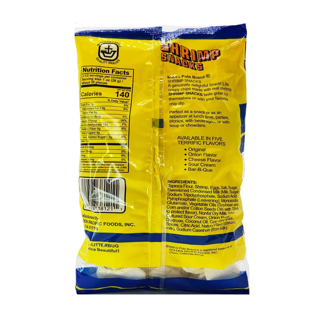 Marco Polo Shrimp Snacks | 3 Pack (2.5oz/71g Each) | Crispy Real Shrimp Chips – Original, BBQ, Sour Cream & Onion, Garlic & Onion, Cheese Omura Products