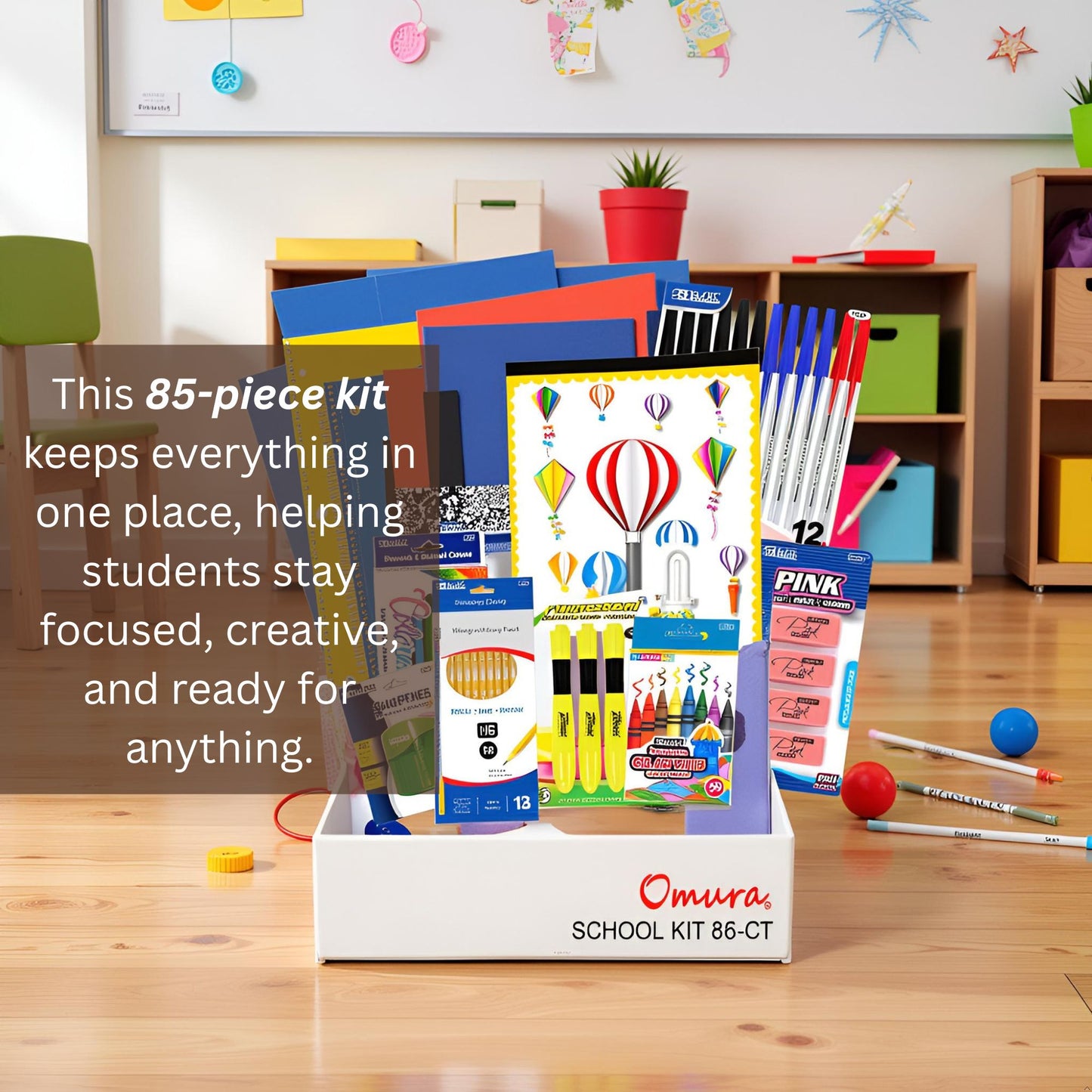 OMURA Learning | Elementary School Back-to-School Supply Box – 85-Count Essential Classroom Set– with Notebooks, Ruler, Pens, Markers & More 📚