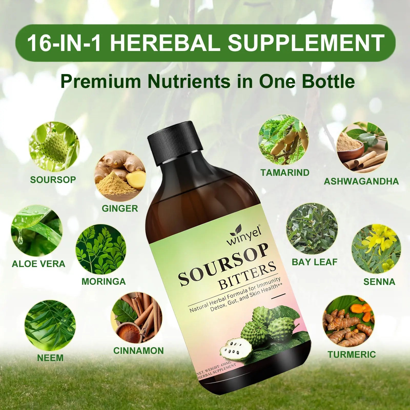🌿 Soursop Bitters Liquid (15-Herb Blend) – Gut, Immune & Detox Support | 15.2 fl oz Omura