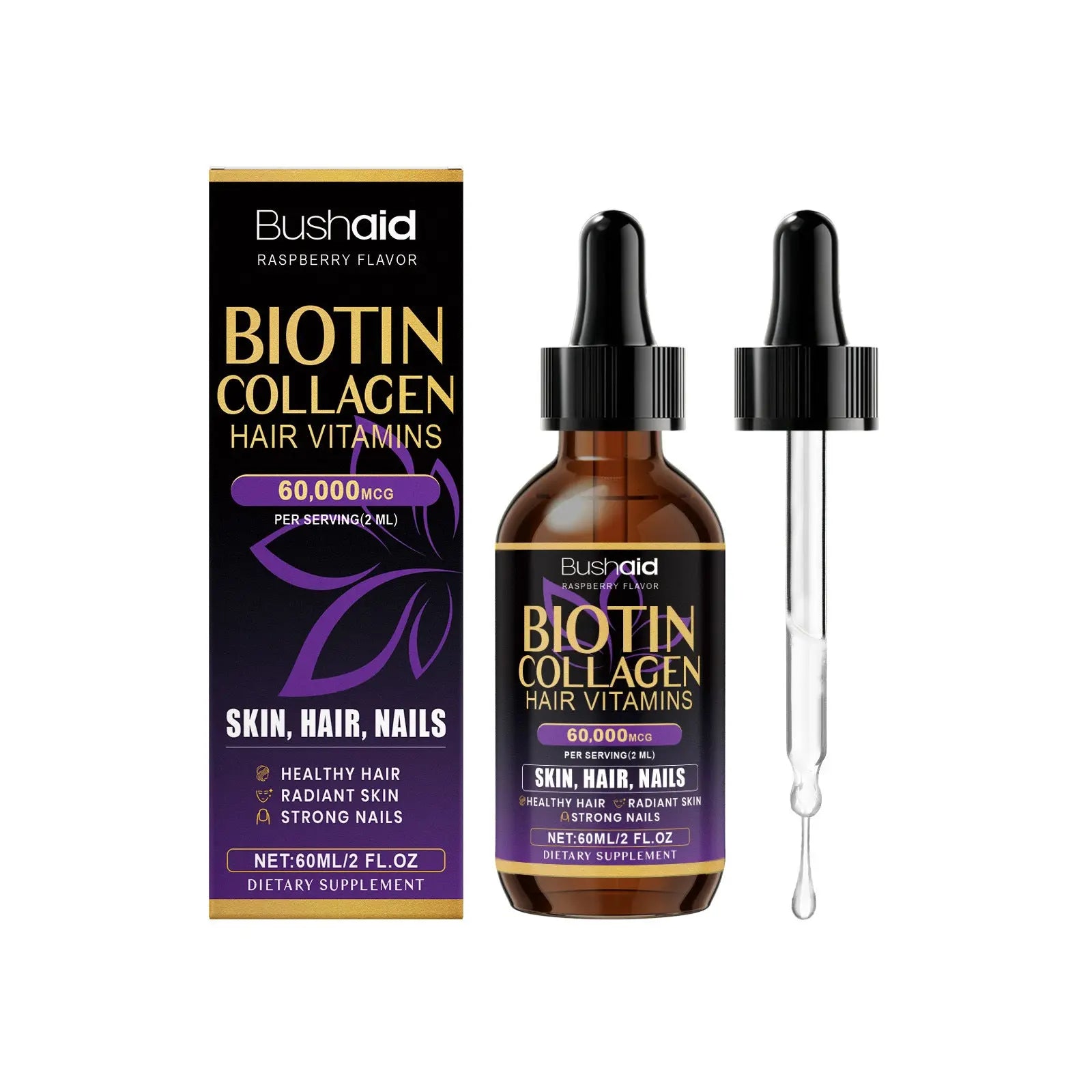 Biotin Collagen Hair Care Drops 60,000 mcg 💜 Liquid Hair Growth Vitamins for Stronger Hair, Skin & Nails | 2oz (30 Servings) Omura