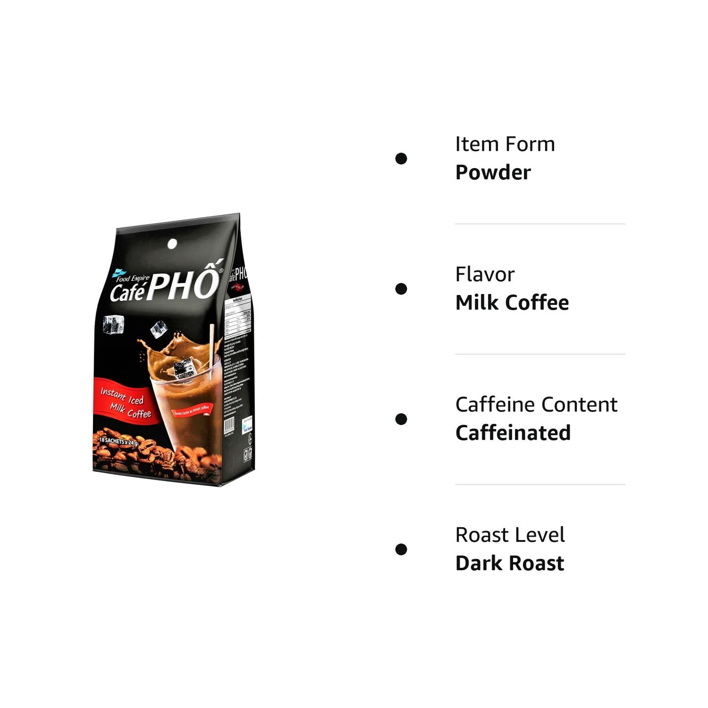 Cafe Pho Vietnamese 3in1 Instant Coffee Mix, Iced Milk Coffee, Cafe Sua Da, Single Serve Coffee Packets, Bag of 18 Sachets