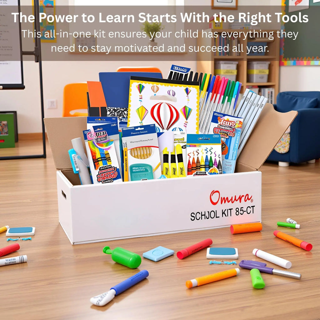 OMURA Learning | Elementary School Back-to-School Supply Box – 85-Count Essential Classroom Set– with Notebooks, Ruler, Pens, Markers & More 📚 Omura Products