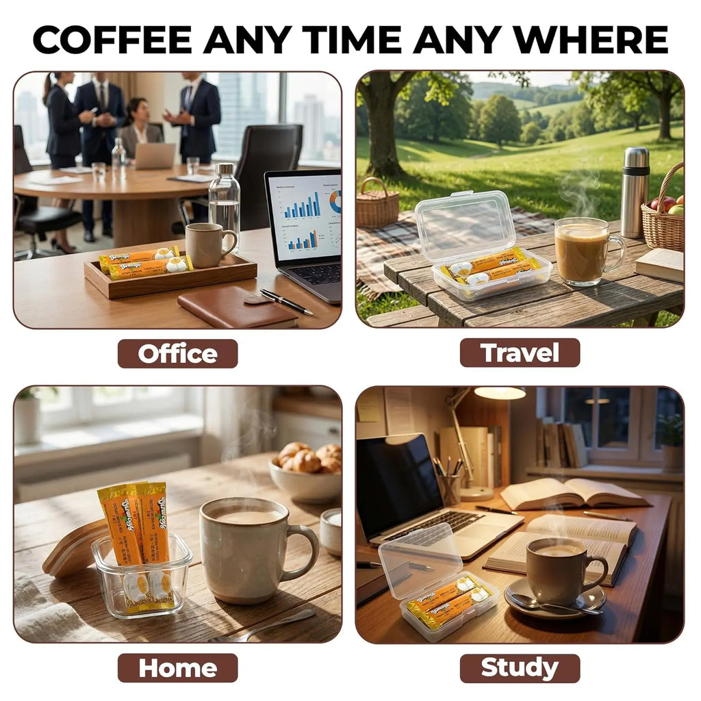 Coffee packaging with usage scenarios in office, travel, home, and study.