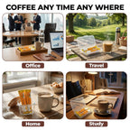 Coffee packaging with usage scenarios in office, travel, home, and study.
