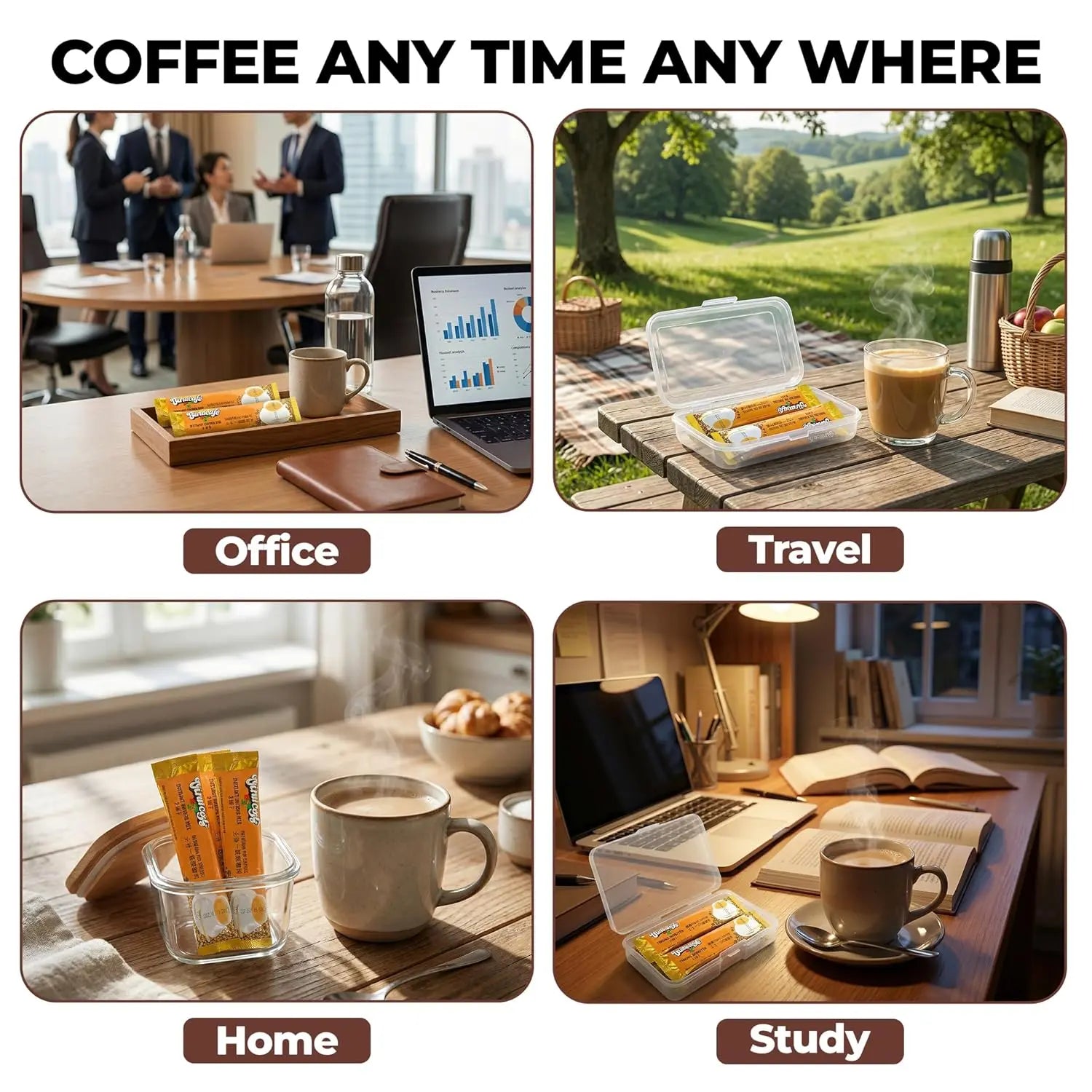 Coffee packaging with usage scenarios in office, travel, home, and study.