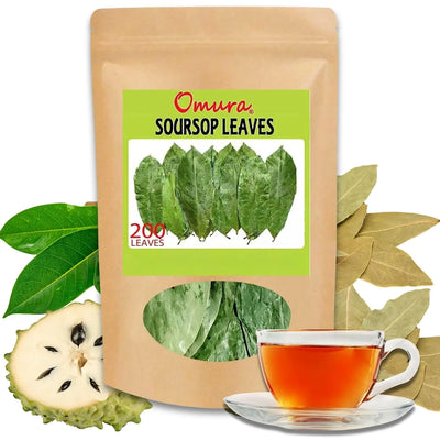 Omura Soursop Leaves with a cup of tea and soursop fruit on a white background