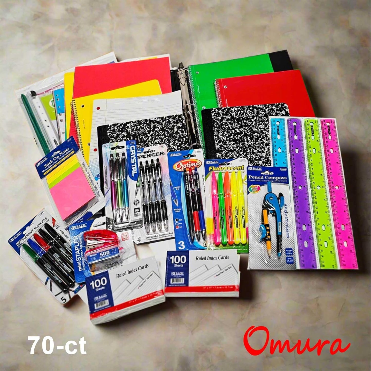 XOMURA Learning | Middle & High School Back-to-School Supply Box – 70-Count Essential Set with Notebooks, Ruler, Pens, Markers & More