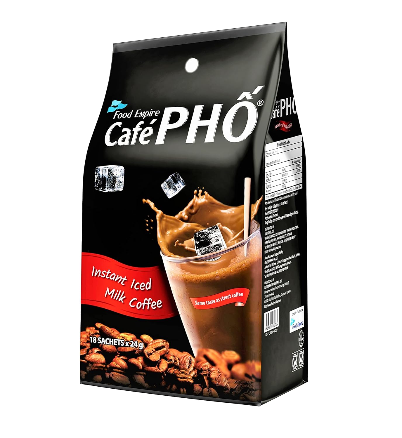 Cafe Pho Vietnamese 3in1 Instant Coffee Mix, Iced Milk Coffee, Cafe Sua Da, Single Serve Coffee Packets, Bag of 18 Sachets