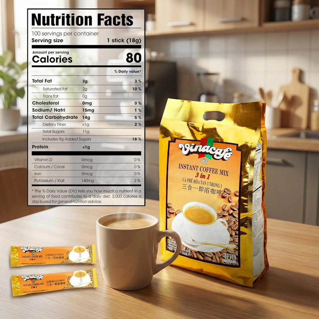 Ginaffe instant coffee mix package with a cup of coffee and nutrition facts label on a kitchen counter.