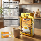 Ginaffe instant coffee mix package with a cup of coffee and nutrition facts label on a kitchen counter.