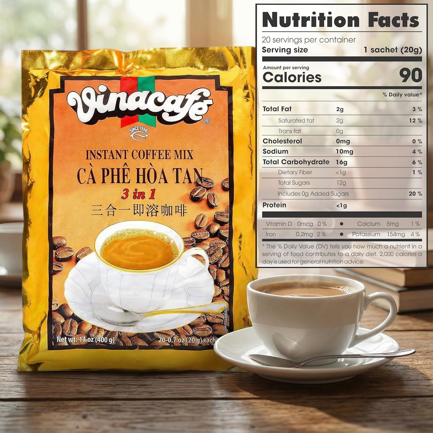 Vinacafe 3-in-1 Instant Coffee Packets ☕ | Authentic Vietnamese Medium Roast 🌏 | Sweet & Balanced Single-Serve Sachets (20 Count Bag)