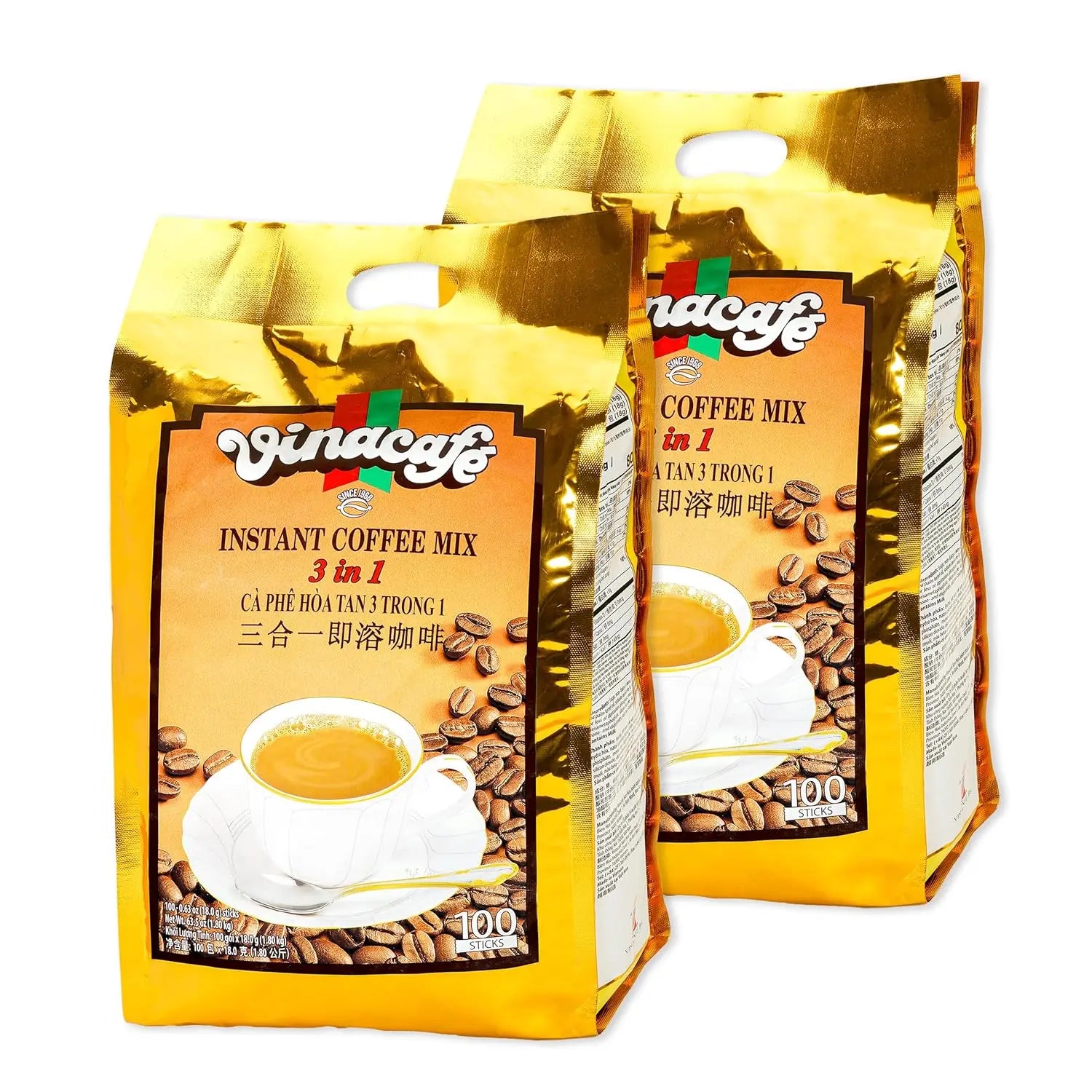 Two packages of Vinacafe instant coffee mix on a white background