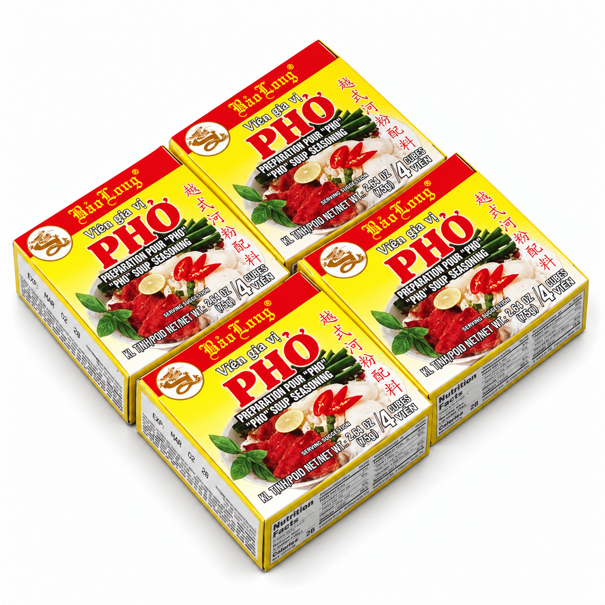 Bao Long PHO Spice Cubes, BEEF Flavor Soup Seasoning 4-ct | 4-Pack (16-Cubes)