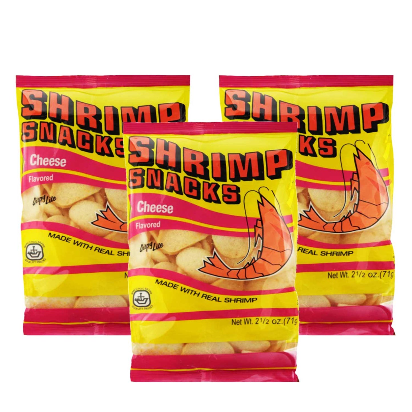 Marco Polo Shrimp Snacks | 3 Pack (2.5oz/71g Each) | Crispy Real Shrimp Chips – Original, BBQ, Sour Cream & Onion, Garlic & Onion, Cheese