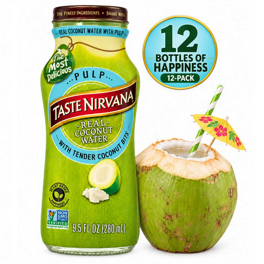 Taste Nirvana Coconut Water with Pulp, Tender Coconut Bits, 9.5 fl oz (280 mL) Glass Bottles, 12-Pack, Refreshing Drink for After Workouts